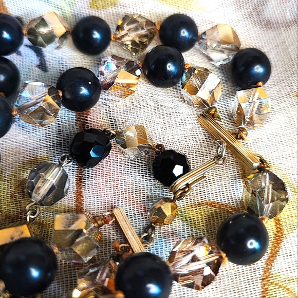 Triple Strand Glass Crystal Smoke Aurora Borealis Vintage Beaded Necklace Black - Picture 6 of 10